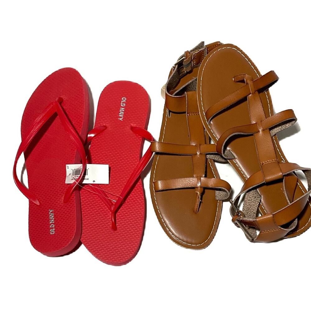 2 Pairs of Old Navy Sandals -Red Flip Flops & Cognac Gladiators Sandals (Size 9)